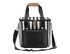 A striped cooler bag in black and white with a detachable strap and a front pocket. It has a brown handle and a logo.