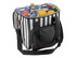 A black and white striped cooler bag filled with drinks and fruits, featuring a side pocket and a logo.