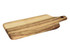 A large wooden serving board with a natural finish and unique grain patterns, featuring a handle and a hanging hole.