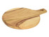 A round wooden serving board with a smooth surface and a handle, featuring natural wood tones and grains.
