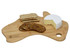 A bamboo cheese board shaped like Australia, featuring cheese and assorted crackers. It has a logo.