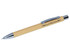 A beige pen with a silver clip and detailing, featuring a branding logo.