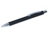 A black pen with a rubber grip and a silver clip, featuring a shiny metallic tip. It has a branding logo.