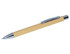 A sustainable pen with a brown cardboard body and a silver metal clip, featuring a smooth, rounded tip.