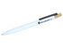 A recycled metal pen in white with a wooden accent and a clip. It features a logo on the barrel.