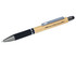 A bamboo stylus pen featuring a black grip and silver accents, complete with a branding logo.
