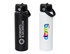 A drink bottle featuring a black exterior with a logo and a white exterior with a logo, both with a flip-top lid.