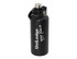 A drink bottle in black with a silver cap and a carry handle, featuring a logo on the side.