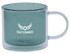 A double wall mug in a teal colour with a transparent handle, featuring a logo on one side.