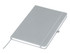 A grey A5 notebook with a soft cover, elastic band, and a ribbon bookmark, featuring a logo on the cover.