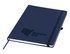 A navy A4 notebook with an elastic closure and a branded logo on the cover.