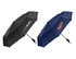 A fold-up umbrella in black and navy blue, featuring a logo on each side. Made from RPET material.
