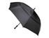 A black RPET golf umbrella with a sturdy frame and handle, featuring branding on the canopy.