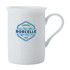 A cylindrical white bone china mug featuring a blue logo and a curved handle.