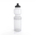 A drink bottle in clear plastic with a black cap and grip band, holding 750ml. Features a logo on the side.