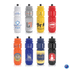 A drink bottle collection featuring various colours including red, blue, black, and orange, each with a different logo.
