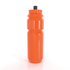 An orange drink bottle with a black cap, featuring a sleek design and a logo on the side.