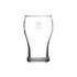 A clear glass beer glass with a curved shape and a logo at the top. Ideal for enjoying beverages.