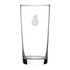 A clear glass beer glass with a straight shape and a small logo on the front.