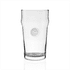A clear glass beer glass with a distinctive shape and logo on its surface.