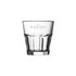 A drink bottle made of clear glass with a thick base and a branded logo for Black Dog Scotch Whisky.