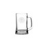 A clear glass beer mug with a sturdy handle, featuring a circular logo on the front.