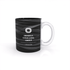 A coffee mug featuring a black exterior and a white handle, with a logo and text. The design includes a textured pattern.