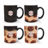 A black and colour-changing mug featuring a logo with images of pastries, transitioning to a tan background when heated.