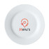 A white rim side plate measuring 19cm with a logo featuring a fork and knife design in orange and black.