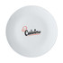 A white coupe entree plate, 23cm in diameter, featuring a logo design in the centre.