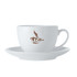A white coffee cup with a matching saucer, featuring a simple logo design on the cup.