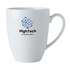 A white mug with a curved shape, featuring a branded logo in blue and black. Holds 390ml.