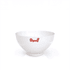 A white rice bowl with a wide, shallow design and a logo on the side.
