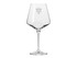 A wine glass featuring a classic design with a slender stem and a wide bowl, clear in colour, and has a logo.