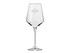 A clear wine glass with a slender stem, featuring a subtle logo engraving.
