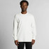 A long-sleeve, organic t-shirt in white, featuring a logo, modelled by a person against a plain background.