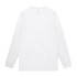 A long-sleeve white organic tee featuring a simple design and a logo on the neck label.