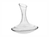 A glass wine carafe with an elegant, curvy design, featuring a clear finish and a logo.
