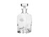 A drink bottle featuring a clear glass design, with a square base and a round stopper. Includes a branding logo.