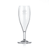 A clear plastic flute with a tall stem and a branded logo, designed for beverages.