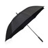 A black umbrella with a sturdy handle and a sleek design, featuring a logo on the shaft.