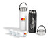 A drink bottle in white and black with a silver lid, featuring golf balls and a logo.