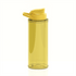 A drink bottle made from transparent yellow Tritan™, featuring a flip-top lid and a logo.