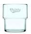 A drink bottle made of clear recycled glass, featuring a curved design with a subtle logo.