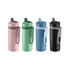 A drink bottle featuring four colours: pink, green, blue, and black, with a logo and a flip-top spout design.