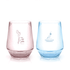 Two glass tumblers in soft pink and light blue, featuring a logo on each.