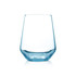 A glass tumbler in a translucent light blue colour, featuring a modern, rounded design and a flat base.
