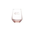 A glass tumbler in a light pink hue with a logo on the side. Ideal for beverages.