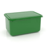 A large green lunch box with a smooth, glossy finish and a matching lid. It features a simple design with no visible branding.