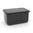 A large, black lunch box base with a fitted lid, featuring a simple design and a smooth finish.